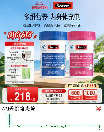 Swisse斯维诗男女士多维 复合维生素矿物质 含维生素B族维D维E 90片*2瓶