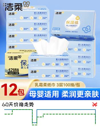 洁柔乳霜纸Lotion抽纸保湿纸婴儿面巾纸保湿因子便携 3层 100抽*12包 【箱装】