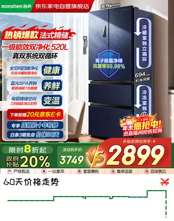 容声（Ronshen）冰箱520升 法式多门双系统双循环一级能效变频家用风冷无霜20%BCD-520WD17MP国家补贴