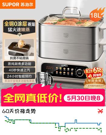 苏泊尔（SUPOR）电蒸锅 家用多功能炖蒸煮一体电热锅 0涂层不锈钢蒸屉 电煮锅 18L ZN30FC669