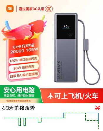 【8折】小米（MI）【3C认证】充电宝20000 165W可上飞机/火车充手机平板笔记本120W单口自带6A线户外https://u.jd.com/k6dMUqg----普遍有货 | 下1件最优到手单价：239 -> 【204】