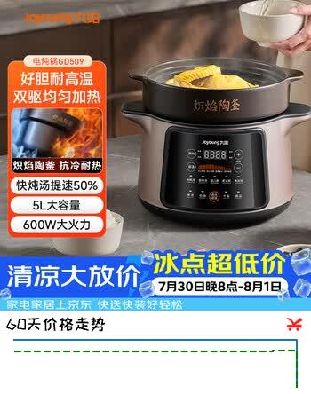 【6折】九阳（Joyoung）电炖锅 电炖盅 煲汤锅炖汤锅 煮粥锅多功能锅婴儿熬粥专用 电煮锅 5L炽淘GD509https://u.jd.com/UgqG6Dt----普遍有货 | 下1件最优到手单价：359.1 -> 【233.1】
