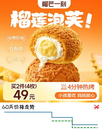 榴芒一刻榴莲泡芙麻薯糕面包动物奶油冰淇淋蛋糕45g*2枚送女生 圣诞礼盒