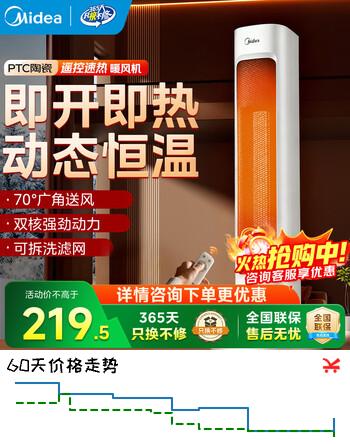 美的（Midea）电热取暖器家用暖风机塔式电暖风 卧室客厅办公室加热风机取暖神器 立式遥控定时轻音节能烤火炉 【PTC陶瓷速热 24H定时】 遥控器控制 店长力荐