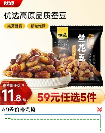 【6折】甘源牌肉松味兰花豆285g蚕豆瓣下酒菜小吃休闲零食坚果炒货食品独立小包https://u.jd.com/xO5aWkt----普遍有货 | 下8件最优到手单价：11.26 -> 【7.12】