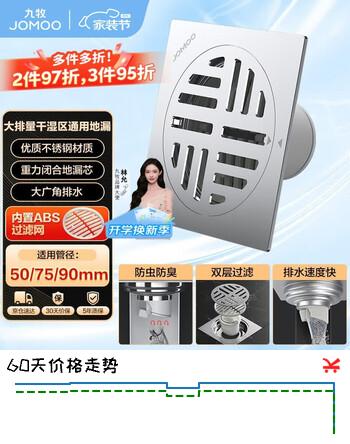【7折】九牧（JOMOO） 不锈钢干区地漏 防虫防臭防返水大排量浴室阳台卫生间地漏92143https://u.jd.com/xOLhE9L----普遍有货 | 下3件最优到手单价：32.3 -> 【23.45】