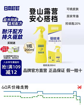 【8折】日本叮叮驱蚊液驱蚊喷雾花露水户外防蚊虫叮咬驱蚊水20%派卡瑞丁200mlhttps://u.jd.com/kD5UHyG----部分有货 | 下5件最优到手单价：49.19 -> 【40.39】