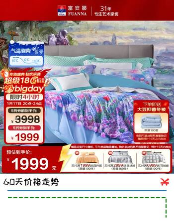 富安娜床上四件套纯棉 100s新疆长绒棉数码印花高端油画套件203*229cm紫