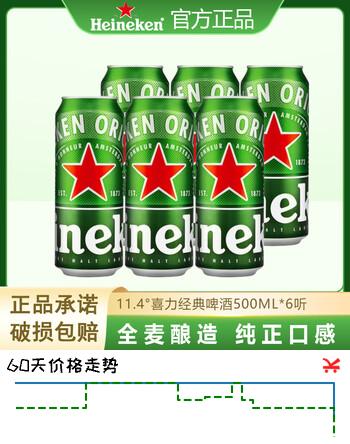 喜力HeineKen经典系列500ml*12罐 高端风味啤酒听装全麦酿造饮品正品 喜力经典啤酒 500mL *6听装