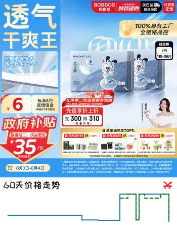 【9折】巴布豆（BOBDOG）【未检出甲酰胺】太空裤呼吸款拉拉裤L72片透气超薄婴儿尿不湿https://u.jd.com/UarrQUe----普遍有货 | 下1件最优到手单价：75 -> 【70】