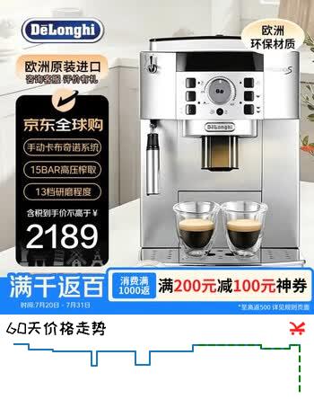 德龙（Delonghi）全自动意式咖啡机 欧洲原装进口 家用小型现磨豆粉两用 自动奶泡系统 ECAM22.110SB 银色