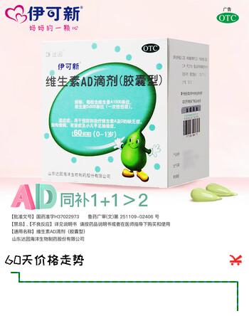 【5折】[伊可新]维生素AD滴剂 1500IU:500IU60粒 1盒装 0-1岁 1岁以下用于预防和治疗维生素A及D缺乏症https://u.jd.com/F6MWmds----普遍有货 | 下1件最优到手单价：72.08 -> 【41.4】