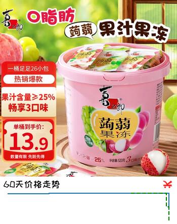 喜之郎蒟蒻果冻桶 0脂多口味果冻休闲儿童零食大礼包  【3口味-葡萄荔枝蜜桃】520克*1桶