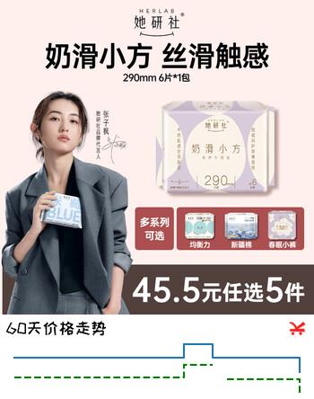 【4折】她研社奶滑小方绵柔卫生巾量多日夜用290mm6片超薄姨妈巾京东自营https://u.jd.com/9D9fNMF----普遍有货 | 下7件最优到手单价：8.47 -> 【3.47】