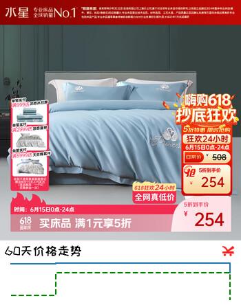 水星家纺床上四件套60支长绒棉刺绣被套纯棉四季中式套件床笠款1.2x2米床-天鹅蓝