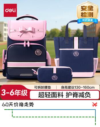 得力（deli）英伦风小学生学习套装 含护脊减负书包套装 男女孩轻量化大容量升级款背包 及笔袋补习袋 3-6年级