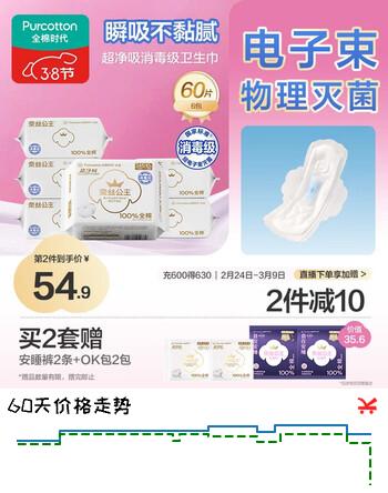 全棉时代奈丝公主消毒级超净吸纯棉日用卫生巾6包（245*60p）自营