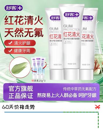 【6折】舒客红花清火牙膏清火护龈减轻牙龈肿痛上火问题清新口气  到手5件套 【草本清火护龈】红花清火120g3 酵素20g3https://u.jd.com/UaN4Hrx----普遍有货 | 下1件最优到手单价：37.9 -> 【23.9】