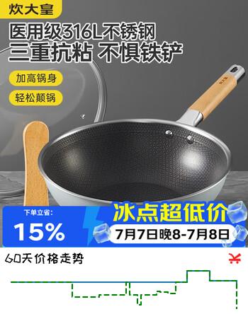 炊大皇炒锅 316L不锈钢炒菜锅煎锅 平底不粘炒锅32cm 可立可视盖不挑灶