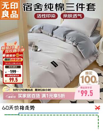 【5折】无印良品 纯棉学生宿舍套件床上三件套 0.9/1.2米床单被套150200cmhttps://u.jd.com/4DI75jP----普遍有货 | 下1件最优到手单价：186.5 -> 【99.5】