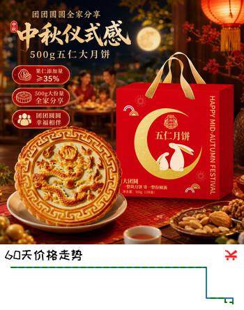 【8折】御厨坊五仁月饼礼盒500g 果仁添加量45% 中秋节礼品福利 大团圆https://u.jd.com/xa5waA7----普遍有货 | 下1件最优到手单价：16.42 -> 【13.59】