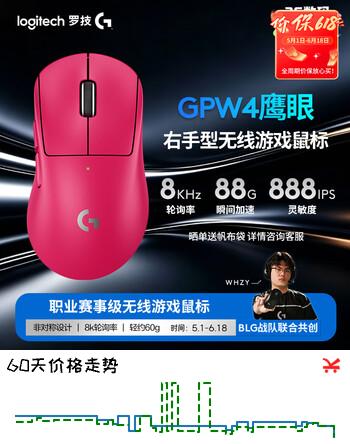 罗技（G）GPW四代鹰眼 8K无线游戏鼠标  60g轻量化 FPS三角洲无畏契约 职业电竞配置 粉色（右手型鼠标）