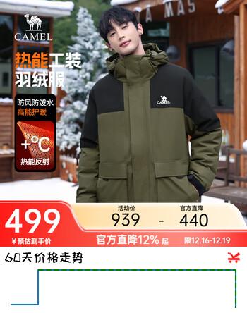 骆驼蛟龙羽绒服Pro热能工装羽绒服男士潮流鸭绒加厚保暖户外休闲外套 深榄绿/幻影黑 男女同款 L