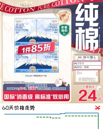 【2折】淘淘氧棉天山白纯棉消毒级夜用卫生巾410mm6片4 京东自营https://u.jd.com/k6BGBGK----普遍有货 | 下1件最优到手单价：40.56 -> 【10.96】