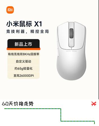 小米鼠标X1无线鼠标游戏电竞2.4/有线轻量化3395/双8K/26000DPI/无畏契约/CS2/瓦洛兰特/LOL白雾色