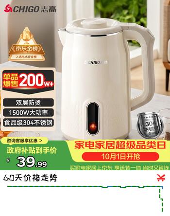 【7折】志高（CHIGO）烧水壶电热水壶电水壶双层防烫1.8L大容量家用烧水壶304不锈钢内胆大功率快速烧水https://u.jd.com/465dd88----普遍有货 | 下1件最优到手单价：43.99 -> 【33.3】