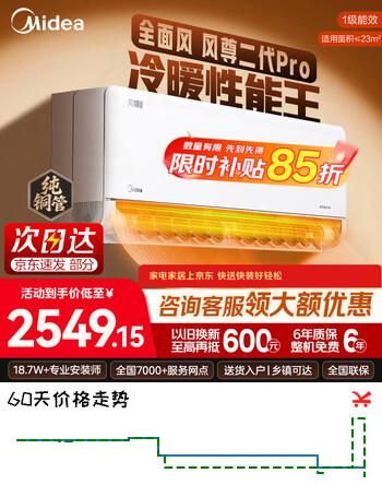 美的（Midea）空调挂机【国家补贴15%】 全新风尊二代 新一级能效 变频冷暖 3D环游风壁挂式空调挂机  以旧换新  风尊二代Pro 一级能效 大1.5匹