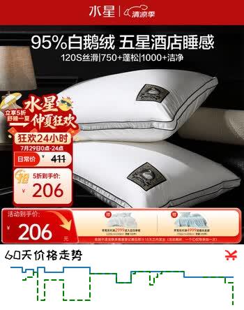 【8折】水星家纺枕头95%白鹅绒枕五星级酒店羽绒枕120支A类护颈颈椎枕头单人https://u.jd.com/UrMx7r0----普遍有货 | 下1件最优到手单价：243 -> 【205.5】