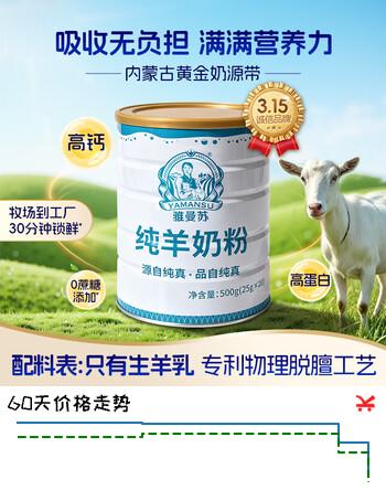 【5折】雅曼苏纯羊奶粉500g高钙全脂学生成人中老年奶粉无蔗糖营养早餐罐装送礼https://u.jd.com/kDqp0O5----多半有货 | 下3件最优到手单价：180 -> 【102.33】