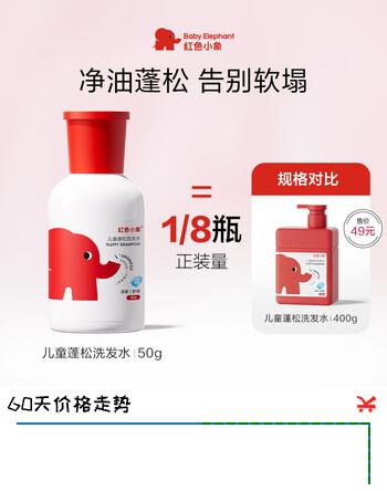 【5折】红色小象儿童蓬松洗发水50g  3-6-12-15岁无硅油弱酸性蓬松舒缓https://u.jd.com/41qy3RQ----普遍有货 | 下1件最优到手单价：14.9 -> 【7.9】