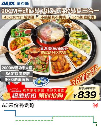 奥克斯（AUX）暖菜板 热菜保温板电陶炉火锅 饭菜保温板+火锅 加热桌垫菜板 圆形电动旋转 ANC-09AZX-103