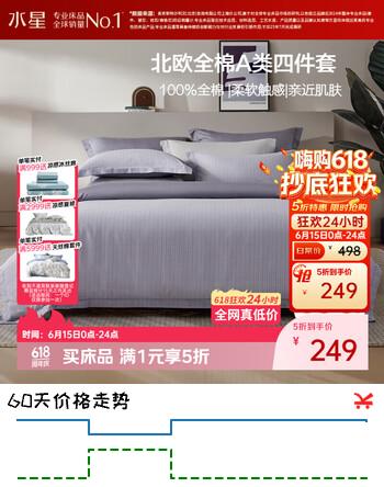 水星家纺四件套床上纯棉100%a类全棉透气床单被套双人1.8米×2米床北欧·影记家居馆