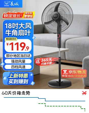 长城电风扇落地扇家用风扇立式大风力客厅宿舍五叶扇轻音节能劲风远距电扇 18寸牛角叶落地扇（塑叶FS一45（302）ll）