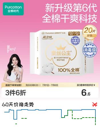 全棉时代奈丝公主消毒级超净吸纯棉护垫日用卫生巾150MM20片/包
