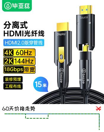 毕亚兹 光纤HDMI线2.0版 15米可拆卸 4K60Hz视频高清线大小头工程装修穿管线适用机顶盒电脑电视投影仪线