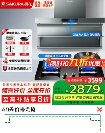 樱花抽油烟机顶侧双吸家用25m³变频大吸力体感操控电热自清洗一级能效油烟机燃气灶套装默认发天然气 PQE02+JGE06【5.2KW聚能猛火】