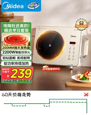 美的（Midea）电陶炉煮茶电磁炉家用2200W大功率智能双环做饭炒菜用火锅电池炉围炉煮茶炉HW22E05套装