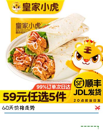 【8折】皇家小虎【59任选5件】脆皮烤肠鸡肉券午餐肉虾饼培根烧麦肉肉6 墨西鸡肉券香辣味140g2袋https://u.jd.com/UGrM4Y2----普遍有货 | 下5件最优到手单价：11.8 -> 【9.8】
