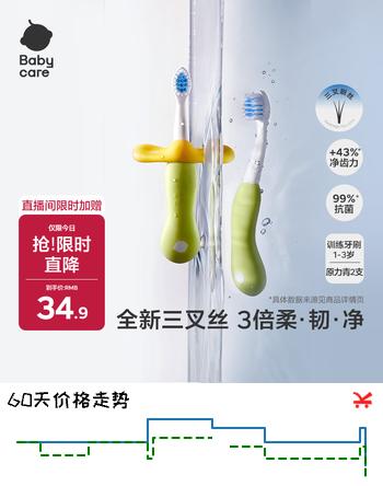 【8折】babycare儿童牙刷宝宝牙刷婴儿软毛刷儿童倍净训练牙刷1-3岁2支装 原力青https://u.jd.com/kGliYJ6----普遍有货 | 下9件最优到手单价：26.31 -> 【21.91】