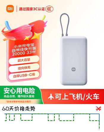 小米（MI）【3C认证】小米充电宝 自带线 快充版 20000 33W 浅灰色 可上飞机/火车 可充手机平板笔记本耳机