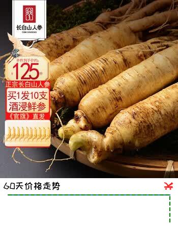 【2折】长白山人参酒浸鲜人参保鲜参 富含人参皂苷熬粥煲汤泡酒材料东北特产参 酒浸鲜人参10根https://u.jd.com/Urfa3Pk----普遍有货 | 下1件最优到手单价：124.78 -> 【34.9】