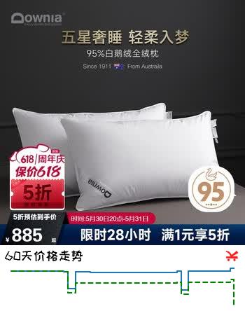 Downia枕芯 100支全棉五星级酒店羽绒枕头 95%白鹅绒全绒枕 中枕74*48CM