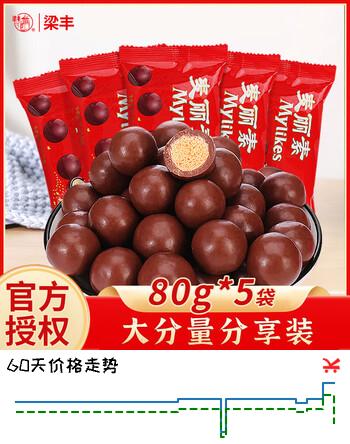 梁丰麦丽素脆芯80g*5袋 夹心巧克力豆 糖果  儿童零食 （代可可脂）