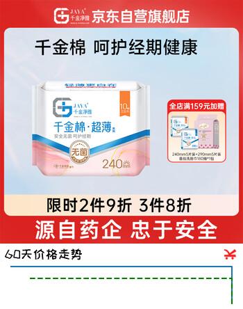 千金净雅超薄纯棉透气夜用组合卫生巾240mm*10片*1包京东自营姨妈巾消毒级