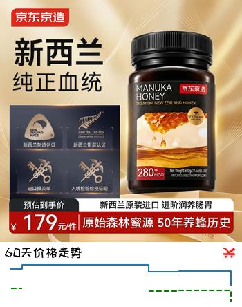 【8折】京东京造麦卢卡蜂蜜500g MGO280 新西兰进口天然蜂蜜滋补营养品高端礼https://u.jd.com/kON5PFr----普遍有货 | 下3件最优到手单价：160.53 -> 【143.31】