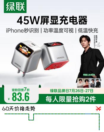 【7折】绿联【易烊千玺同款】45W屏显苹果17充电器氮化镓快充头适用iPhone17ProMax16充电头TypeC数据线PD插头https://u.jd.com/91ks2xi----普遍有货 | 下1件最优到手单价：118.85 -> 【83.6】